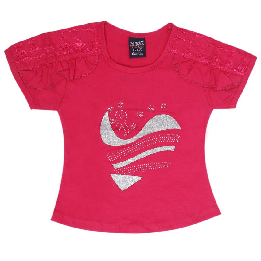 Girls Shoulder Frill & Chest T-Shirt - Pink, Girls T-Shirts, Chase Value, Chase Value