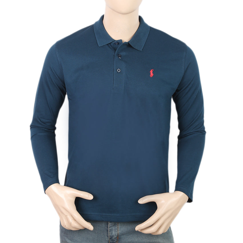 Men's Full Sleeves Plain Polo T-Shirt - Steel Blue, Men, T-Shirts And Polos, Chase Value, Chase Value