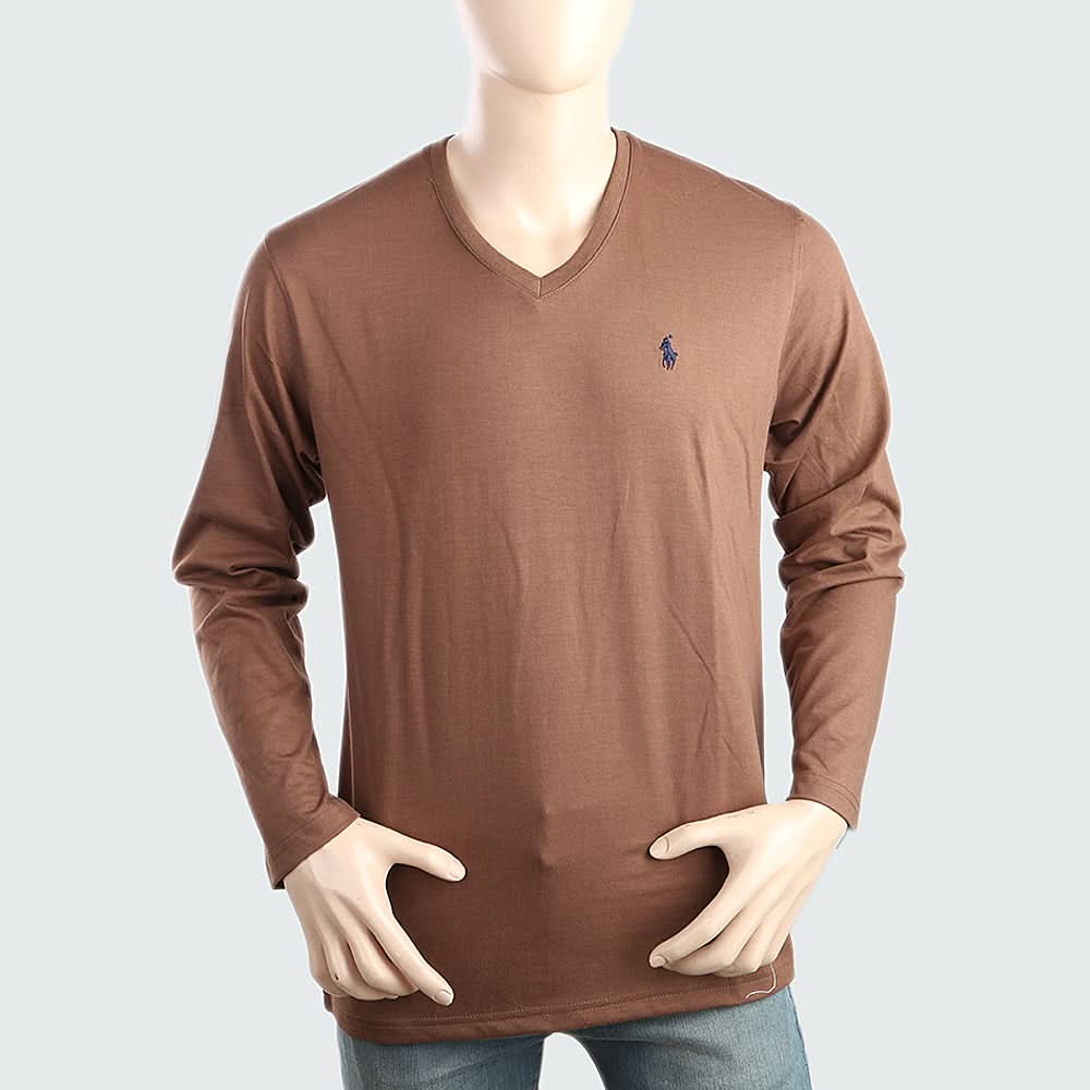 Men's V Neck Full Sleeves T-Shirt - Dark Brown, Men, T-Shirts And Polos, Chase Value, Chase Value