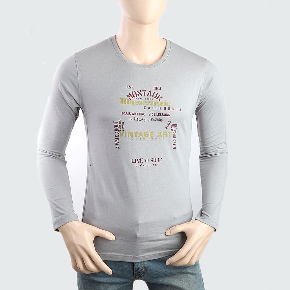 Men's Round Neck Full Sleeves Printed T-Shirt - Grey, Men, T-Shirts And Polos, Chase Value, Chase Value