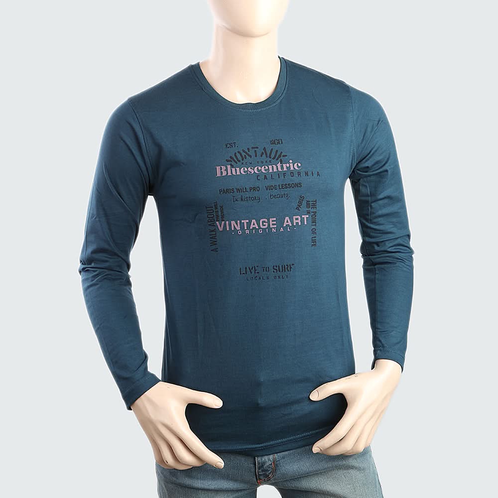 Men's Round Neck Full Sleeves Printed T-Shirt - Sea Green, Men, T-Shirts And Polos, Chase Value, Chase Value