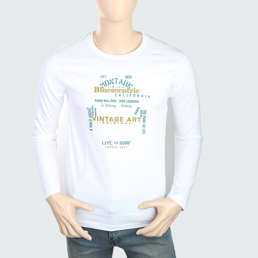Men's Round Neck Full Sleeves Printed T-Shirt - White, Men, T-Shirts And Polos, Chase Value, Chase Value