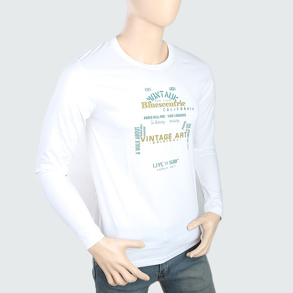 Men's Round Neck Full Sleeves Printed T-Shirt - White, Men, T-Shirts And Polos, Chase Value, Chase Value