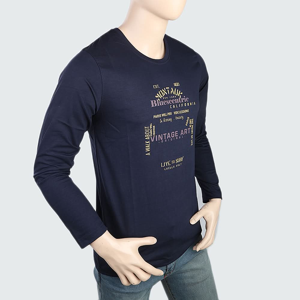 Men's Round Neck Full Sleeves Printed T-Shirt - Navy Blue, Men, T-Shirts And Polos, Chase Value, Chase Value