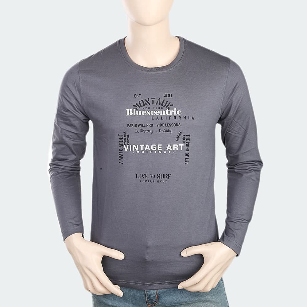 Men's Round Neck Full Sleeves Printed T-Shirt - Dark Grey, Men, T-Shirts And Polos, Chase Value, Chase Value