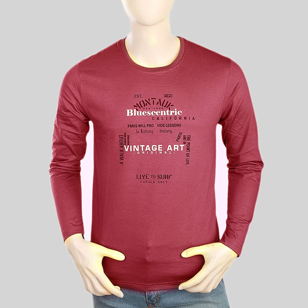 Men's Round Neck Full Sleeves Printed T-Shirt - Maroon, Men, T-Shirts And Polos, Chase Value, Chase Value