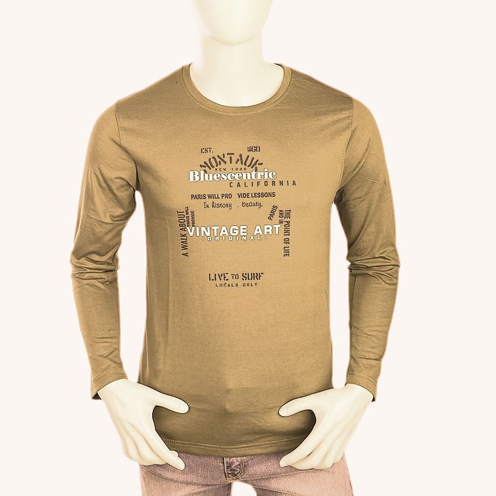 Men's Round Neck Full Sleeves Printed T-Shirt - Camel, Men, T-Shirts And Polos, Chase Value, Chase Value