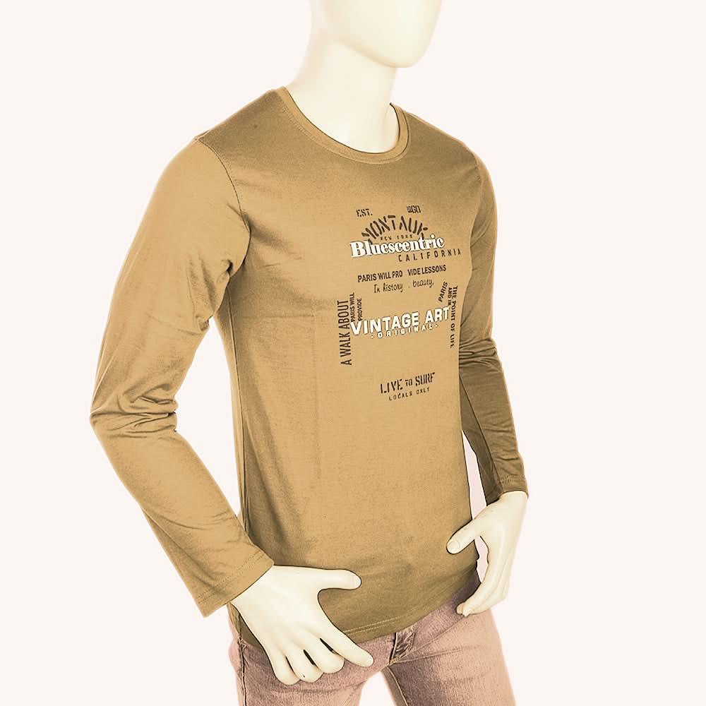 Men's Round Neck Full Sleeves Printed T-Shirt - Camel, Men, T-Shirts And Polos, Chase Value, Chase Value