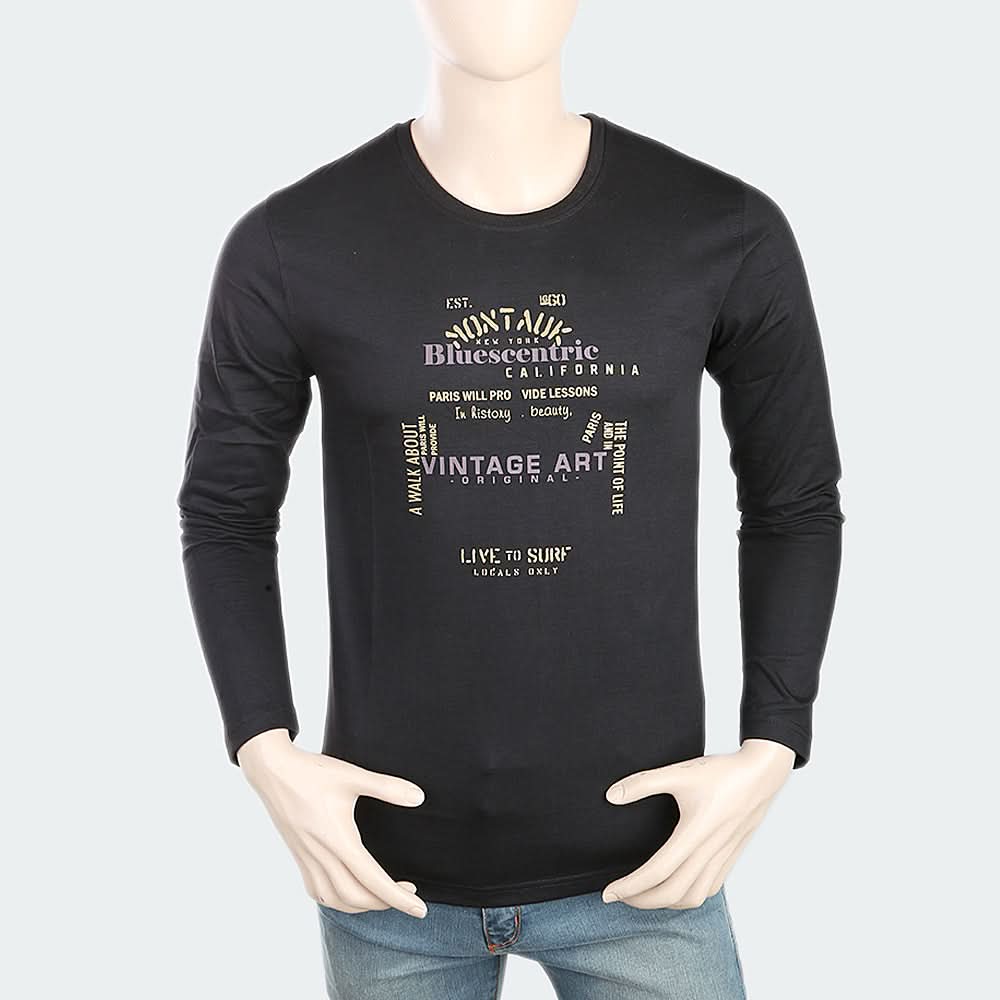 Men's Round Neck Full Sleeves Printed T-Shirt - Black, Men, T-Shirts And Polos, Chase Value, Chase Value