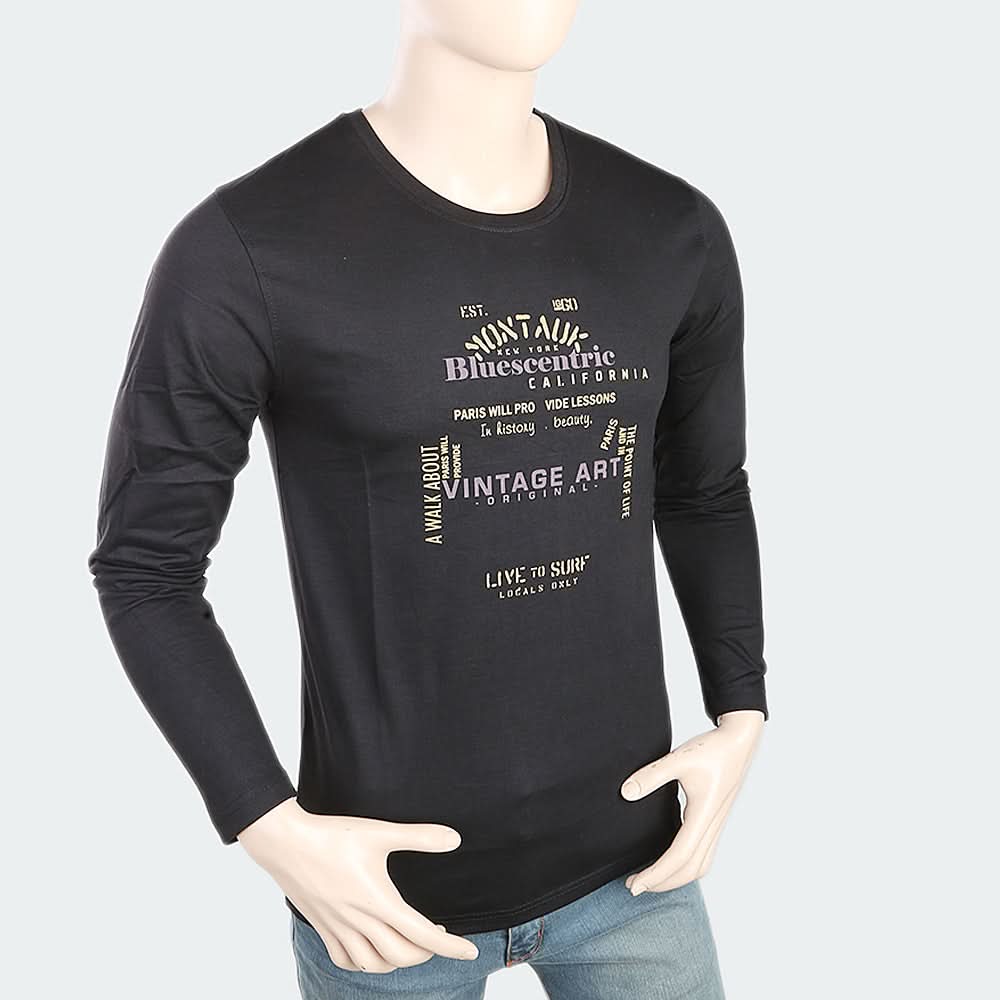 Men's Round Neck Full Sleeves Printed T-Shirt - Black, Men, T-Shirts And Polos, Chase Value, Chase Value