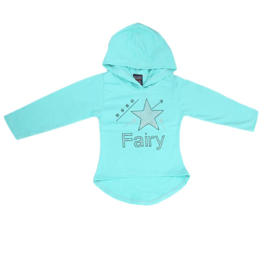 Girls Full Sleeves Hooded T-Shirt With Stone - Cyan, Kids, Girls T-Shirts, Chase Value, Chase Value