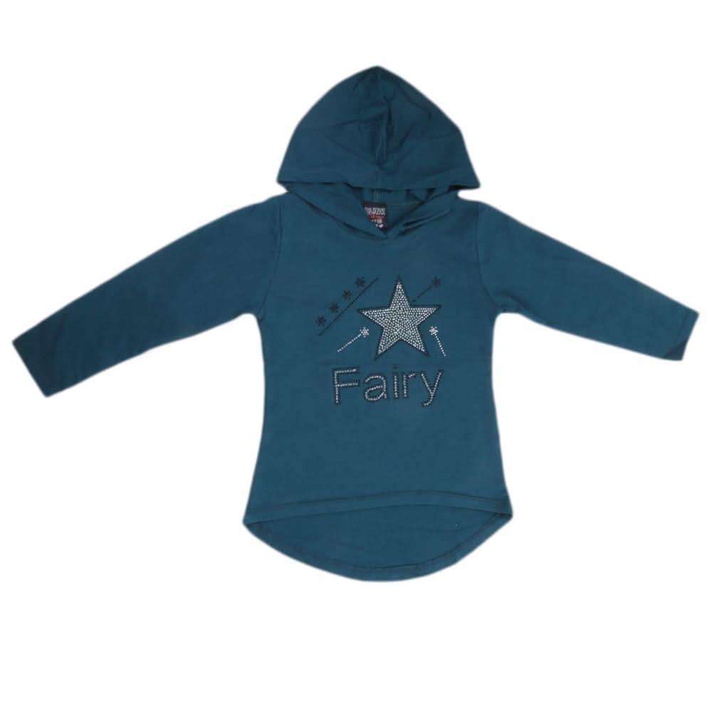 Girls Full Sleeves Hooded T-Shirt With Stone - Steel Blue, Kids, Girls T-Shirts, Chase Value, Chase Value