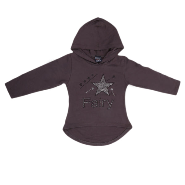 Girls Full Sleeves Hooded T-Shirt With Stone - Dark Grey, Kids, Girls T-Shirts, Chase Value, Chase Value