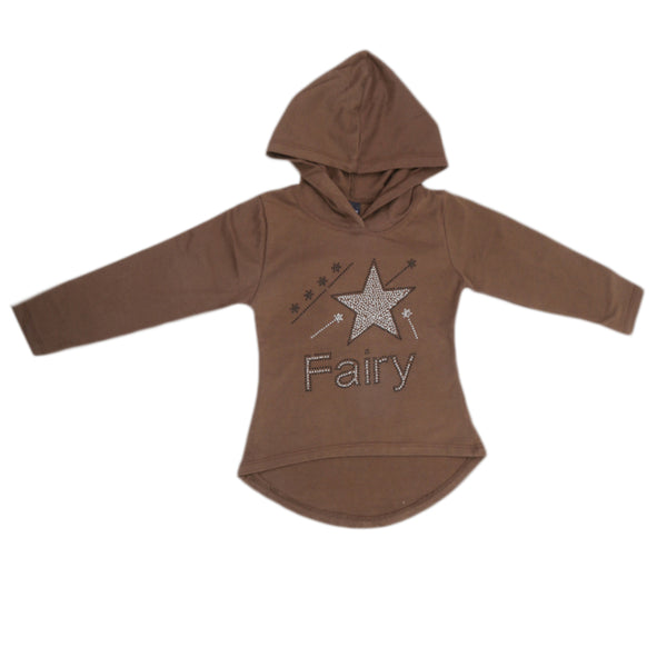 Girls Full Sleeves Hooded T-Shirt With Stone - Brown, Kids, Girls T-Shirts, Chase Value, Chase Value