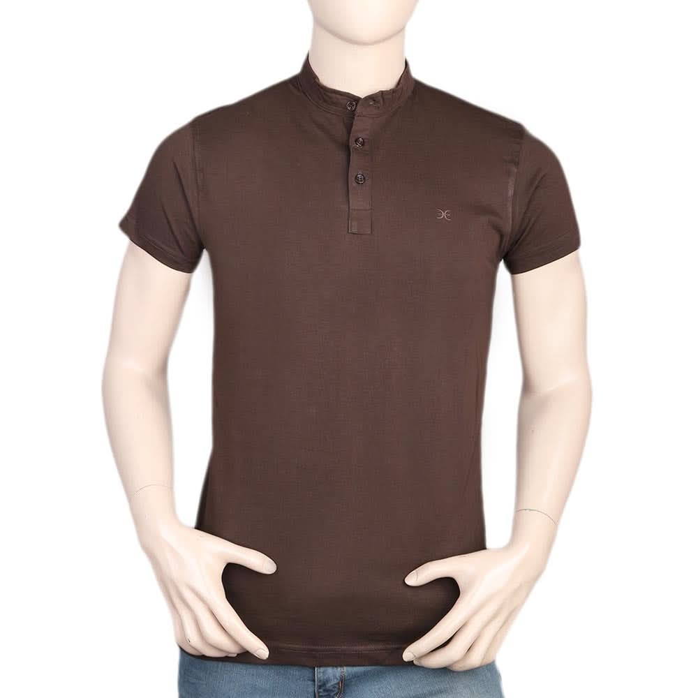 Men's Half Sleeves Band Collar T-Shirt - Dark Brown, Men, T-Shirts And Polos, Chase Value, Chase Value