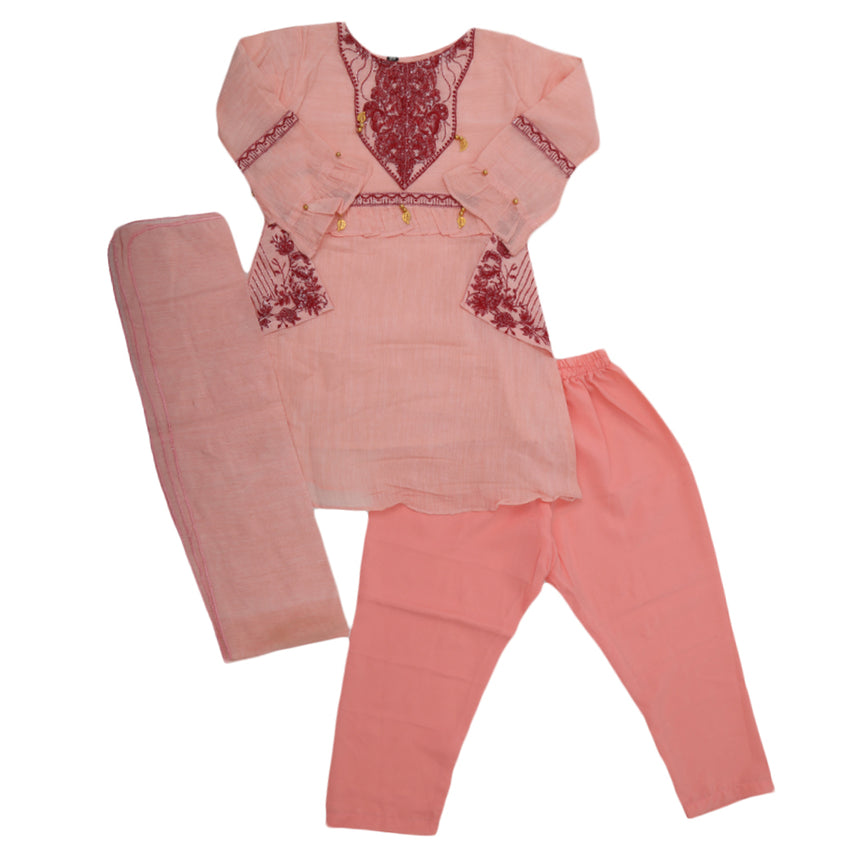 Girls 3 Pcs Embroidery Shalwar Suit - Pink, Kids, Girls Shalwar Kameez, Chase Value, Chase Value