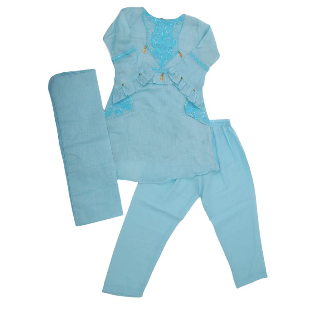 Girls 3 Pcs Embroidery Shalwar Suit - Blue, Kids, Girls Shalwar Kameez, Chase Value, Chase Value