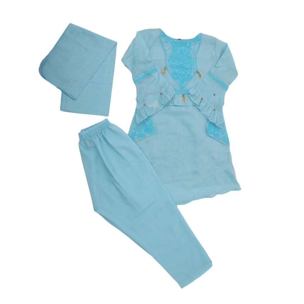 Girls 3 Pcs Embroidery Shalwar Suit - Blue, Kids, Girls Shalwar Kameez, Chase Value, Chase Value