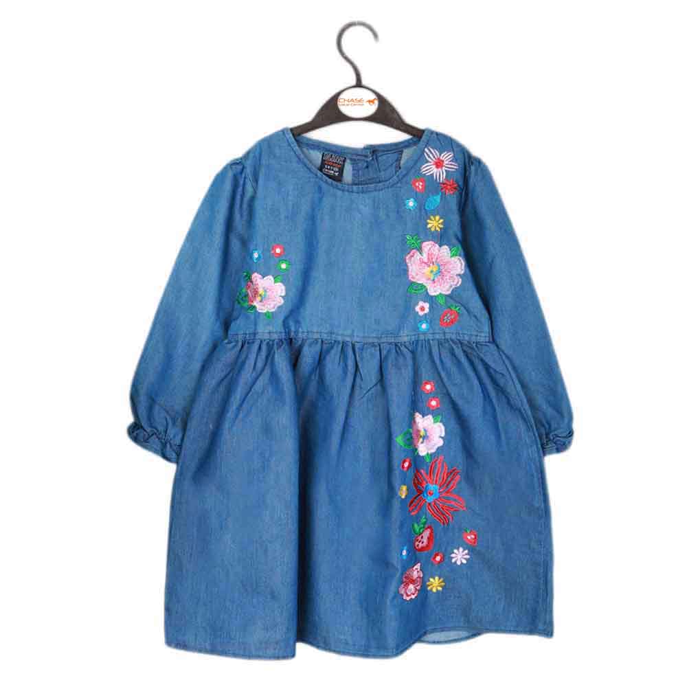Girls Embroidered Denim Frock - Blue, Kids, Girls Kurti, Chase Value, Chase Value