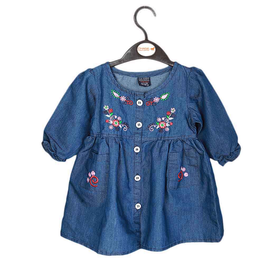 Girls Embroidered Denim Frock - Blue, Kids, Girls Kurti, Chase Value, Chase Value