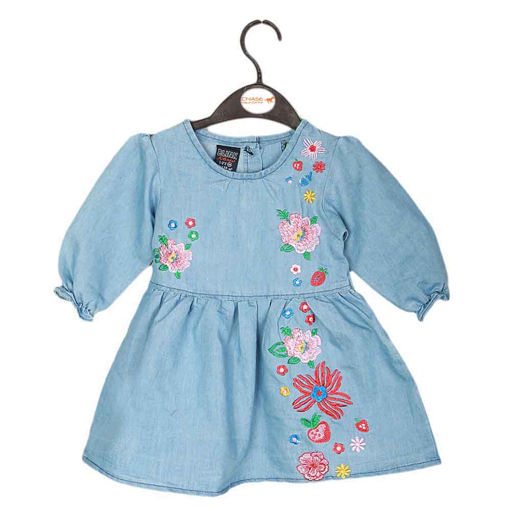 Girls Embroidered Denim Frock - Light Blue, Kids, Girls Kurti, Chase Value, Chase Value