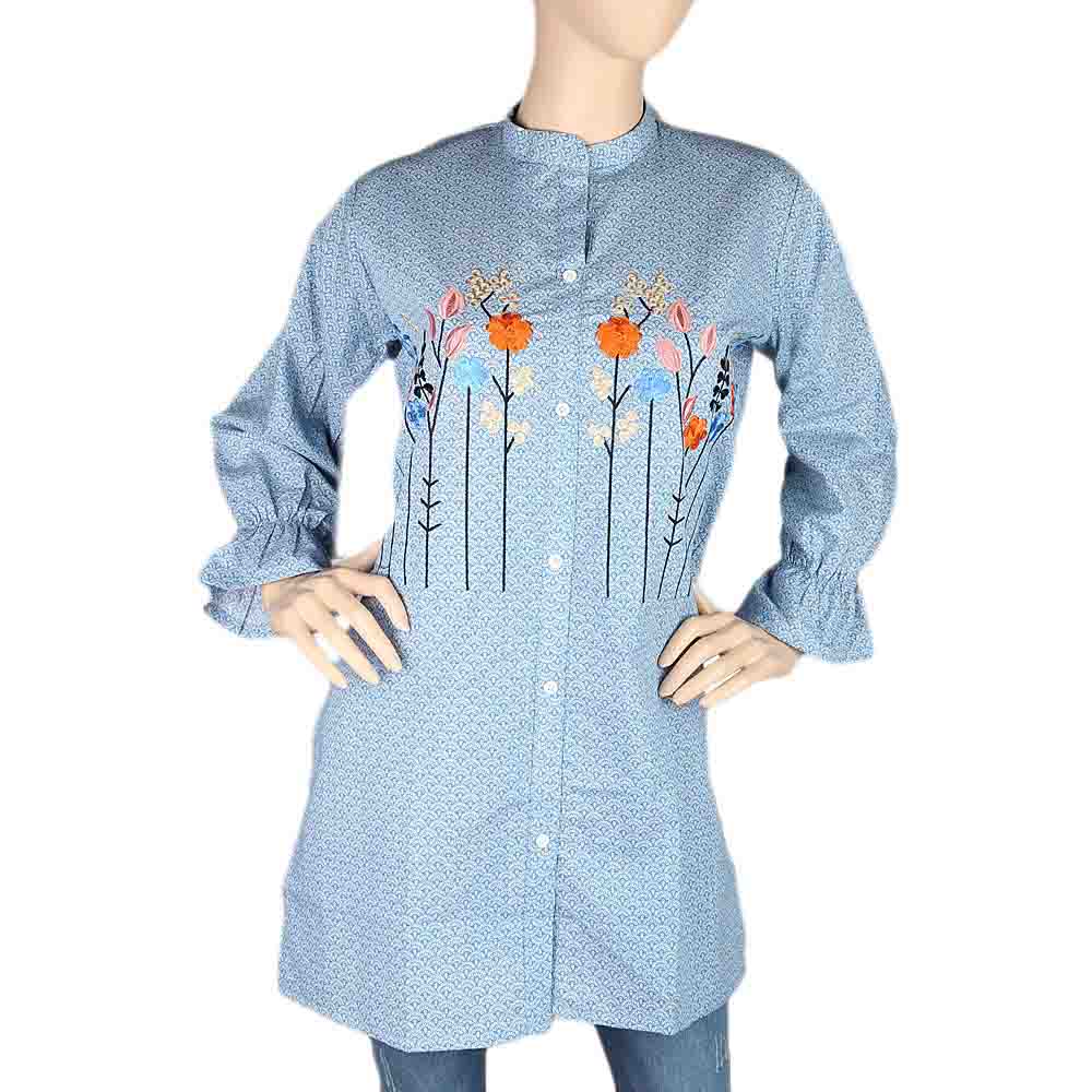 Women's Embroidered Kurti With Front Button - Steel Blue, Women's Fashion, Chase Value, Chase Value