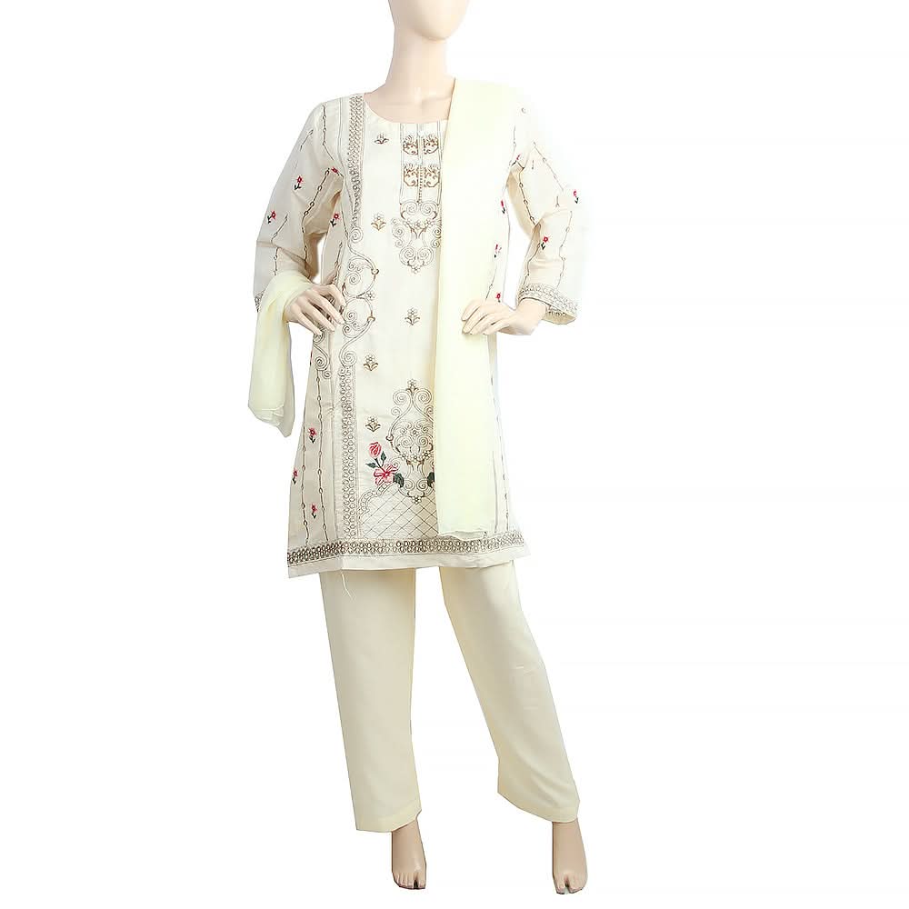 Women's Paper Cotton 03 Pcs Stitched Suit - 05 - Cream, Women, Shalwar Suits, Chase Value, Chase Value