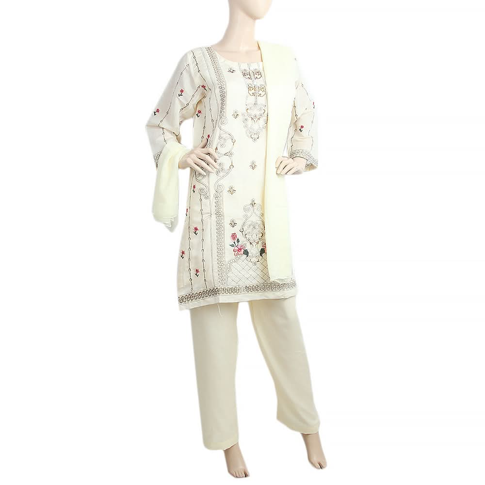 Women's Paper Cotton 03 Pcs Stitched Suit - 05 - Cream, Women, Shalwar Suits, Chase Value, Chase Value