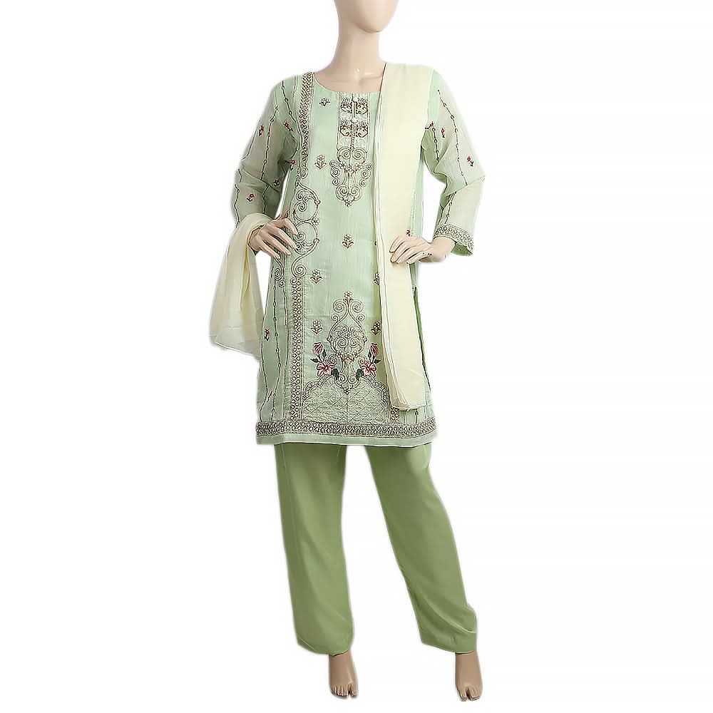 Women's Paper Cotton 03 Pcs Stitched Suit - 05 - Green, Women, Shalwar Suits, Chase Value, Chase Value