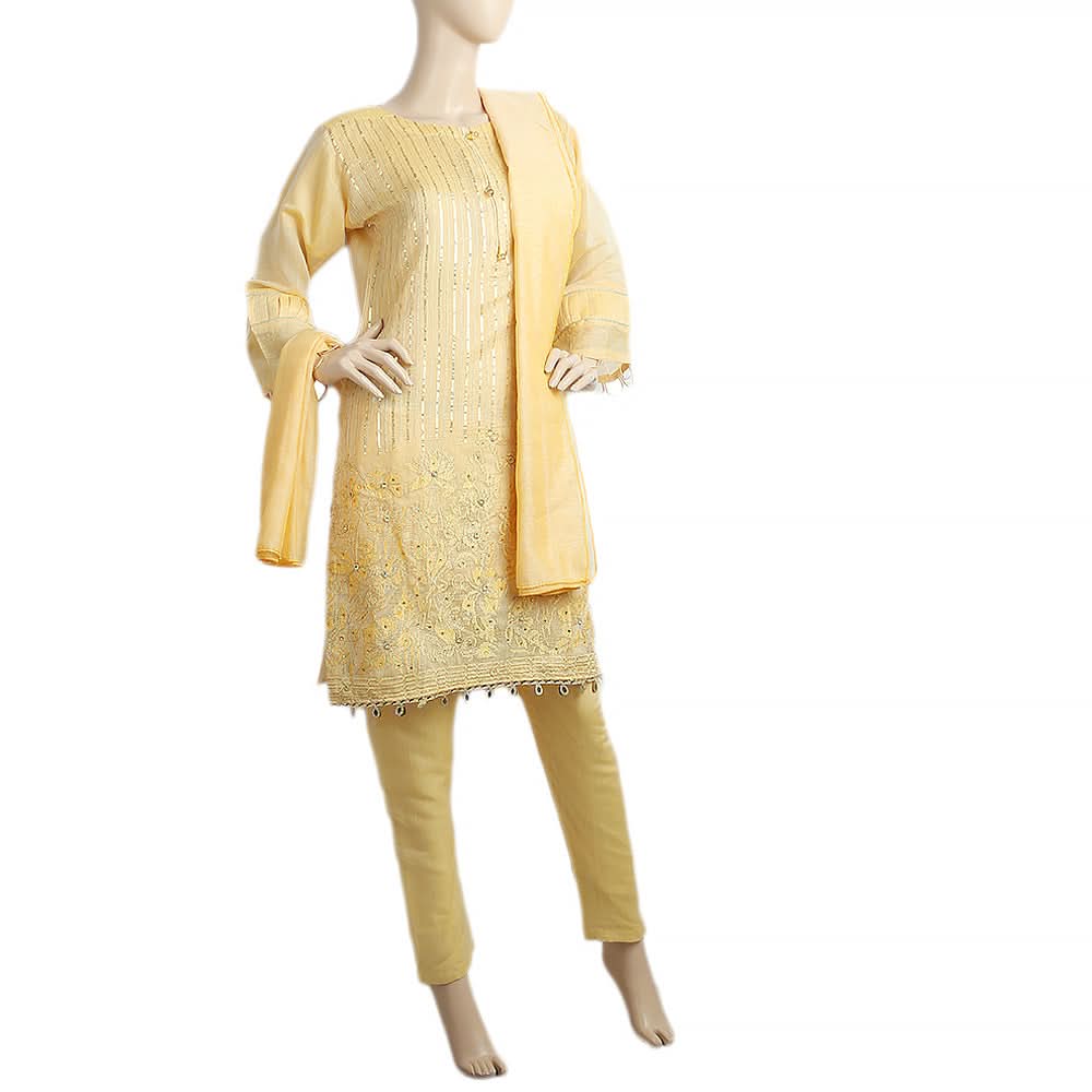 Women's 3Pcs Stitched Suit - Yellow, Women, Shalwar Suits, Chase Value, Chase Value