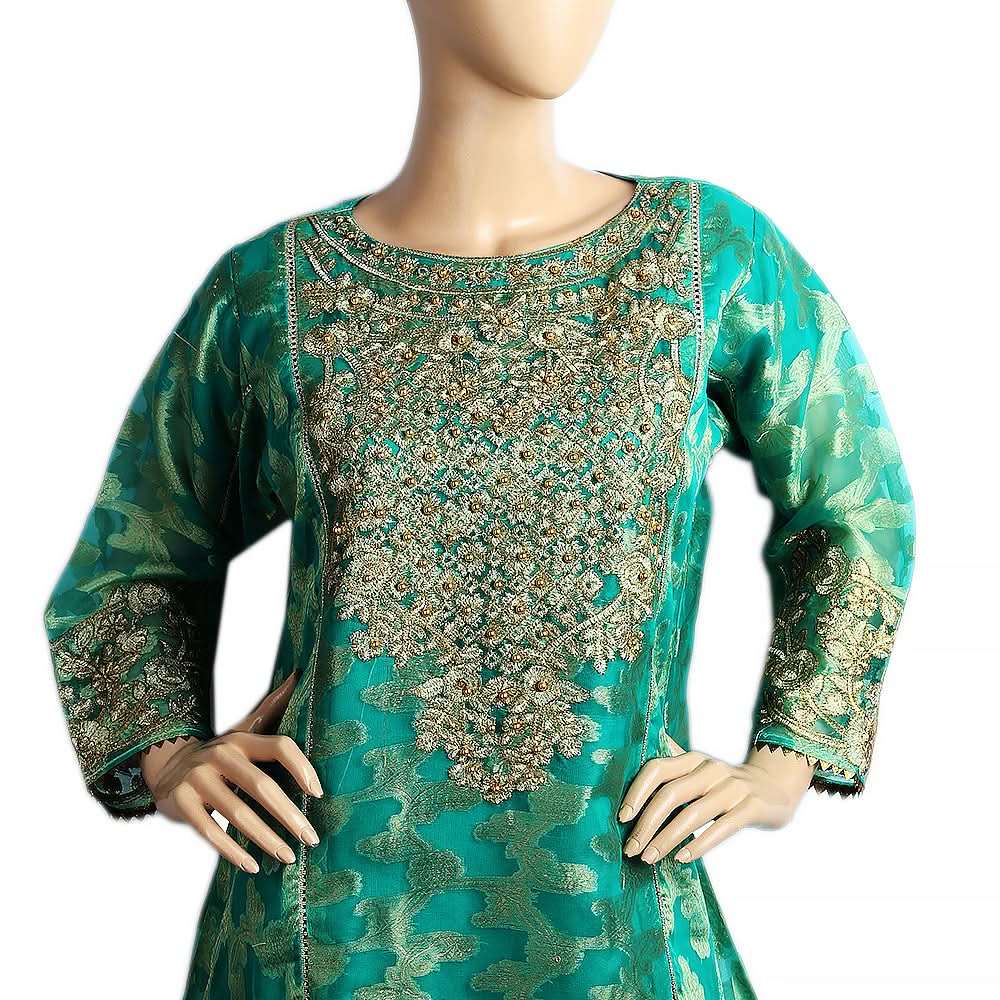Women's Embroidered Organza Jacquard 3 Pcs Stitched Suit - Green, Women, Shalwar Suits, Chase Value, Chase Value