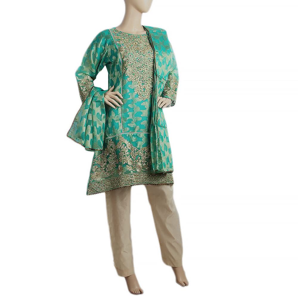 Women's Embroidered Organza Jacquard 3 Pcs Stitched Suit - Green, Women, Shalwar Suits, Chase Value, Chase Value