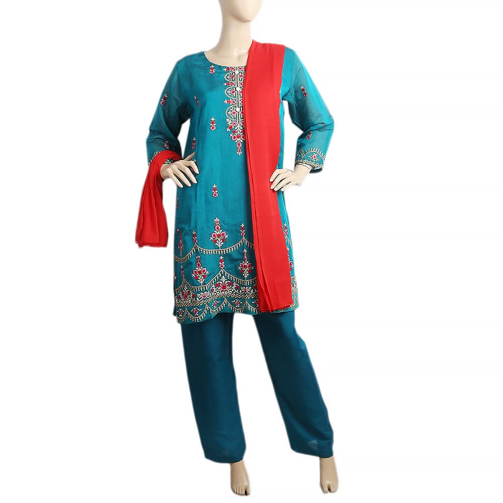 Women's Paper Cotton 03 Pcs Stitched Suit - 06 - Steel Green, Women, Shalwar Suits, Chase Value, Chase Value