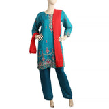 Women's Paper Cotton 03 Pcs Stitched Suit - 06 - Steel Green, Women, Shalwar Suits, Chase Value, Chase Value