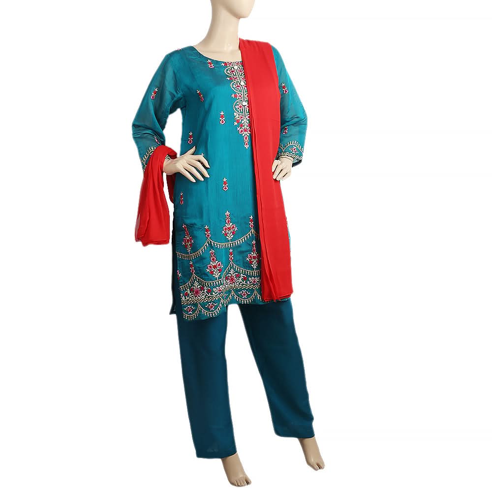 Women's Paper Cotton 03 Pcs Stitched Suit - 06 - Steel Green, Women, Shalwar Suits, Chase Value, Chase Value