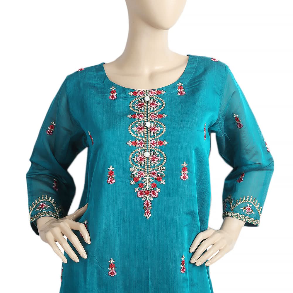 Women's Paper Cotton 03 Pcs Stitched Suit - 06 - Steel Green, Women, Shalwar Suits, Chase Value, Chase Value