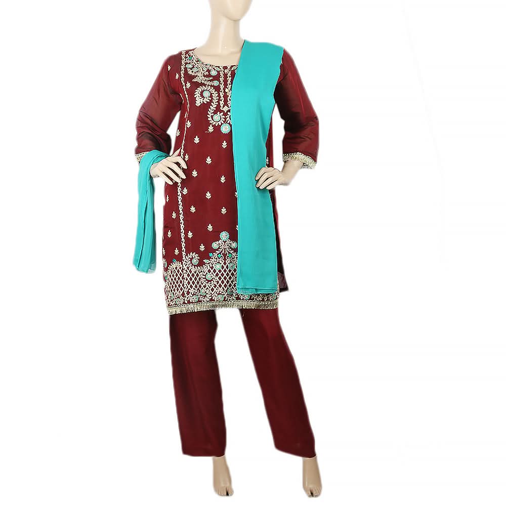Women's Paper Cotton 03 Pcs Stitched Suit - 04 - Maroon, Women, Shalwar Suits, Chase Value, Chase Value