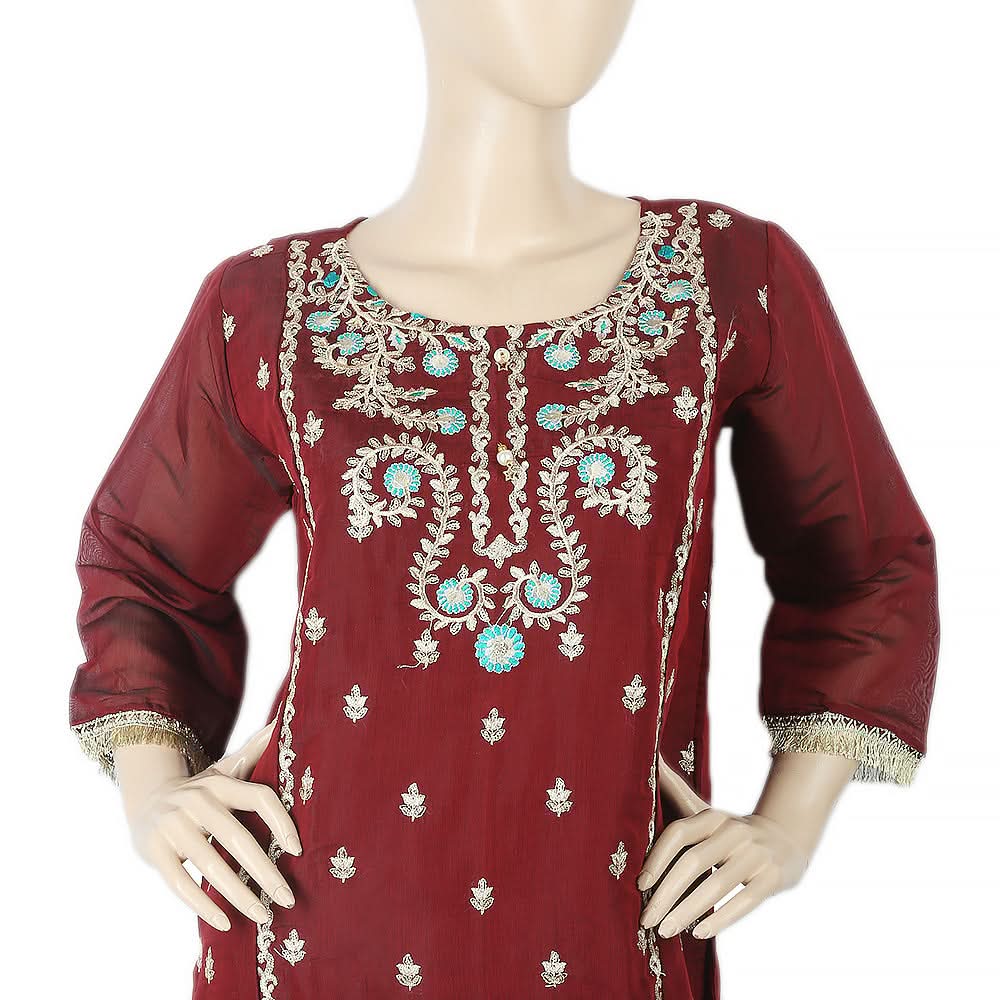 Women's Paper Cotton 03 Pcs Stitched Suit - 04 - Maroon, Women, Shalwar Suits, Chase Value, Chase Value