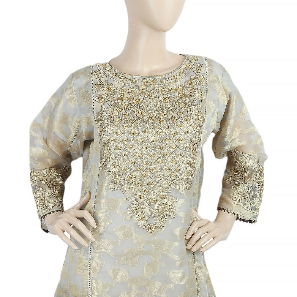 Women's Embroidered Organza Jacquard 3 Pcs Stitched Suit - Gold, Women, Shalwar Suits, Chase Value, Chase Value