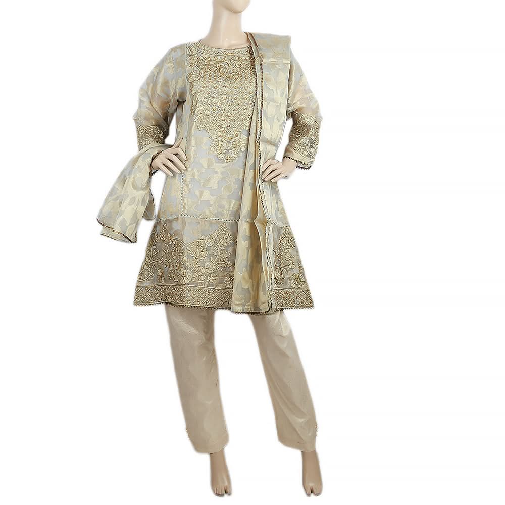 Women's Embroidered Organza Jacquard 3 Pcs Stitched Suit - Gold, Women, Shalwar Suits, Chase Value, Chase Value