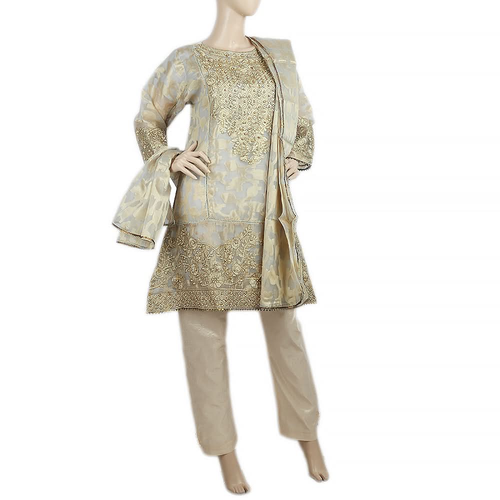 Women's Embroidered Organza Jacquard 3 Pcs Stitched Suit - Gold, Women, Shalwar Suits, Chase Value, Chase Value