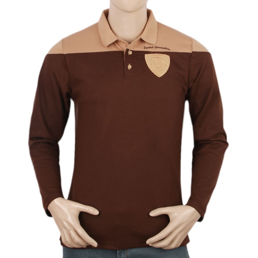 Men's Full Sleeves Embroidered Polo Shirt - Brown, Men, T-Shirts And Polos, Chase Value, Chase Value