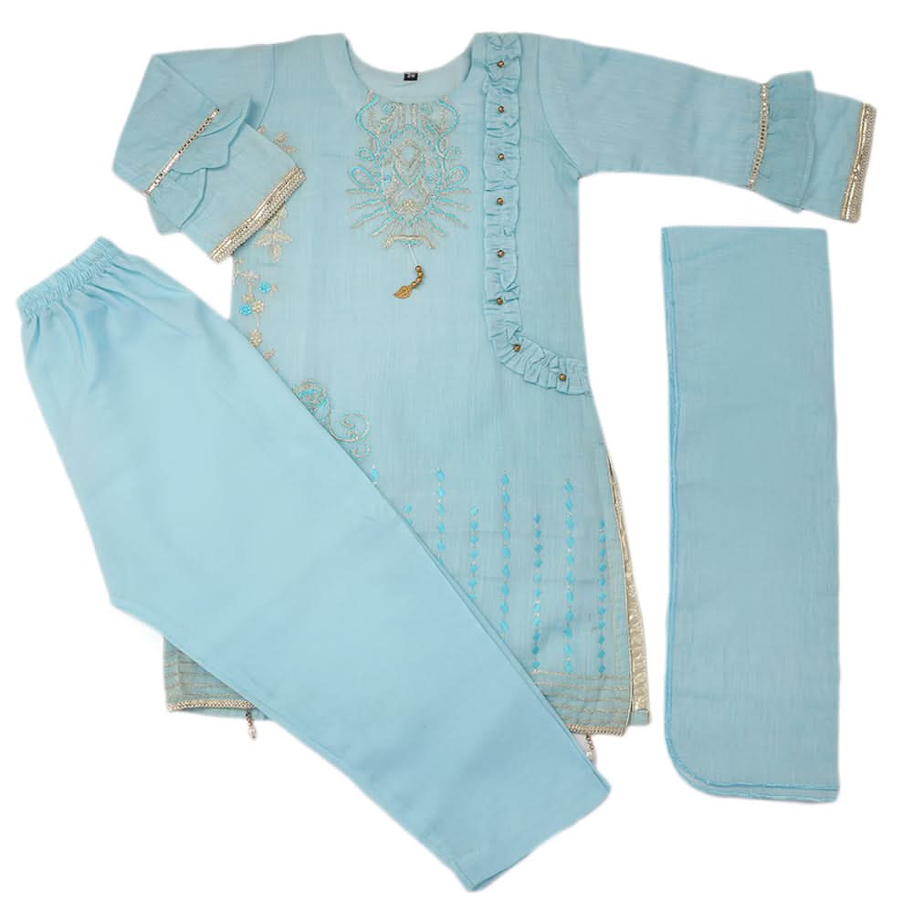 Girls Embroidered 3Pcs Shalwar Suit - Blue, Kids, Girls Sets And Suits, Chase Value, Chase Value