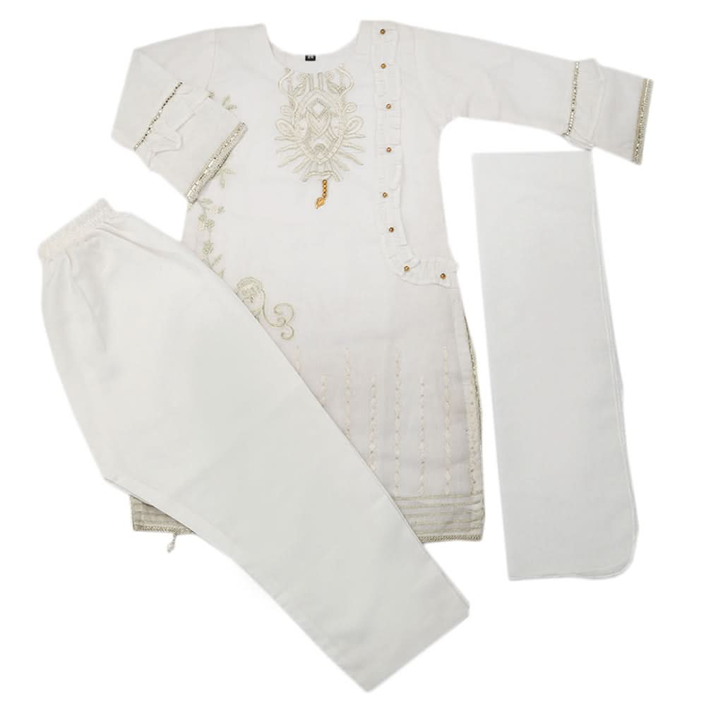 Girls Embroidered 3Pcs Shalwar Suit - White, Girls Shalwar Kameez, Chase Value, Chase Value