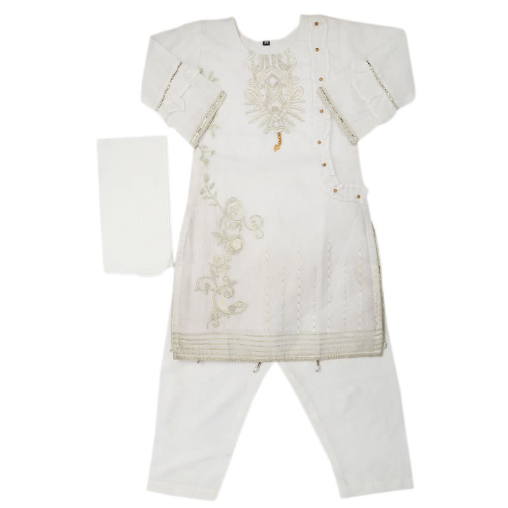 Girls Embroidered 3Pcs Shalwar Suit - White, Girls Shalwar Kameez, Chase Value, Chase Value