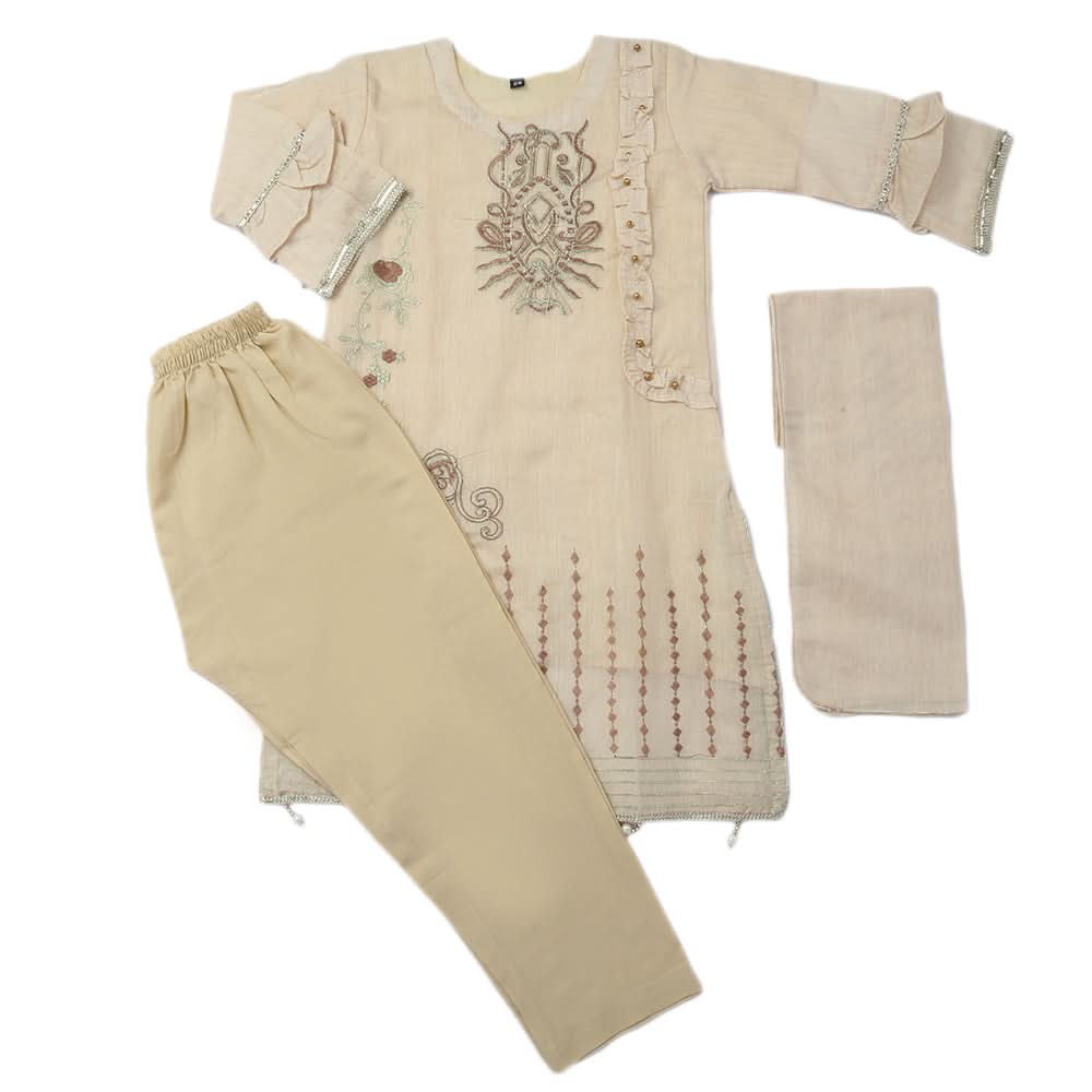 Girls Embroidered 3Pcs Shalwar Suit - Beige, Girls Shalwar Kameez, Chase Value, Chase Value