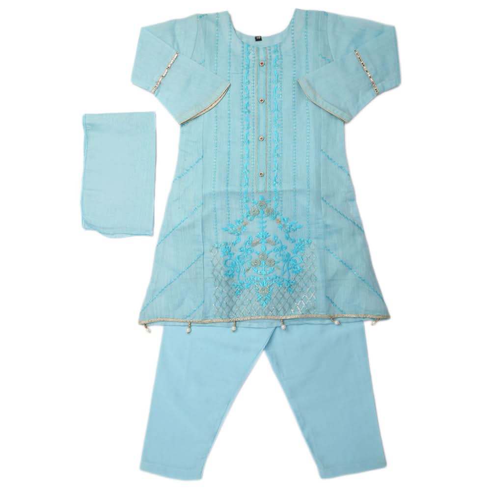 Girls Embroidered 3Pcs Shalwar Suit - Blue, Kids, Girls Sets And Suits, Chase Value, Chase Value