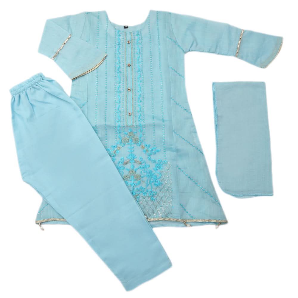 Girls Embroidered 3Pcs Shalwar Suit - Blue, Kids, Girls Sets And Suits, Chase Value, Chase Value