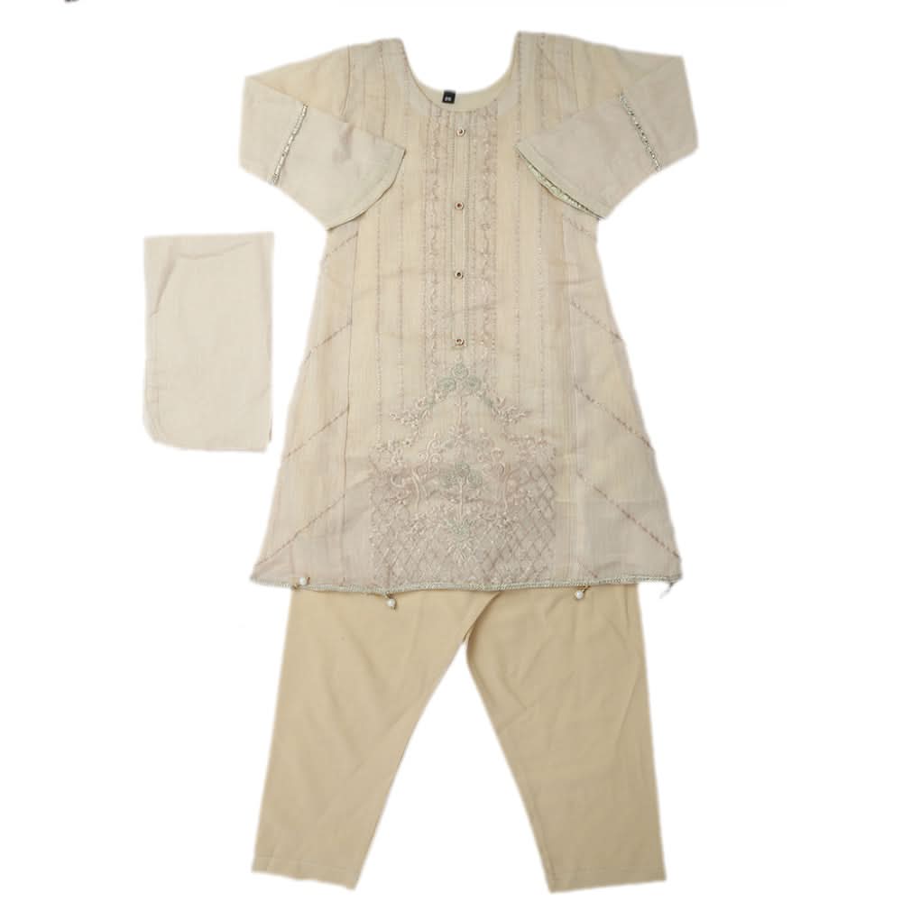 Girls Embroidered 3Pcs Shalwar Suit - Beige, Girls Shalwar Kameez, Chase Value, Chase Value