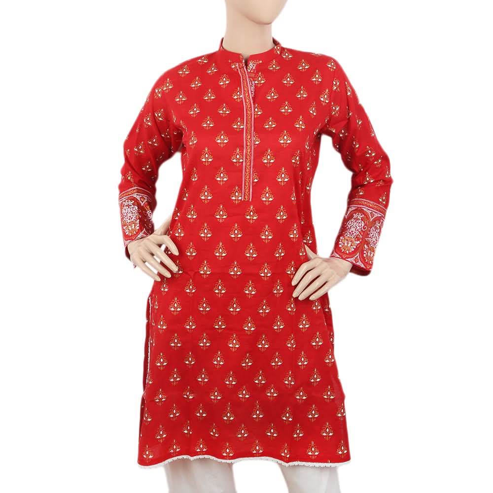 Women's Dobby Printed Kurti - Red, Women, Ready Kurtis, Chase Value, Chase Value